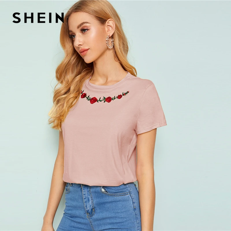 SHEIN женская футболка с вышитым цветочным принтом, женская одежда, топы, Повседневная летняя футболка с круглым вырезом и коротким рукавом