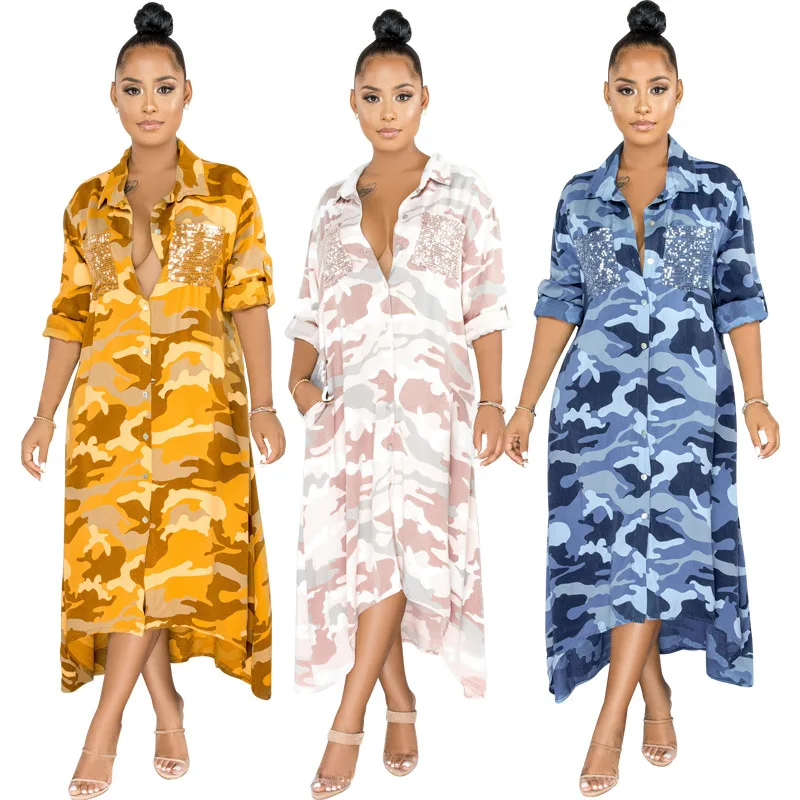 

Fashion Camouflage Printed Shirt Dresses Turn Down Neck Long Sleeves Pockets Elegant Party Casual Dress Autumn 2020 New Arrivals