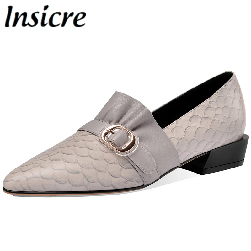 

Insicre Women Pumps Pleated Genuine Leather Ruffles Buckle Fashion Low High Heels Pointed Toe Spring Summer Casual Party Shoes