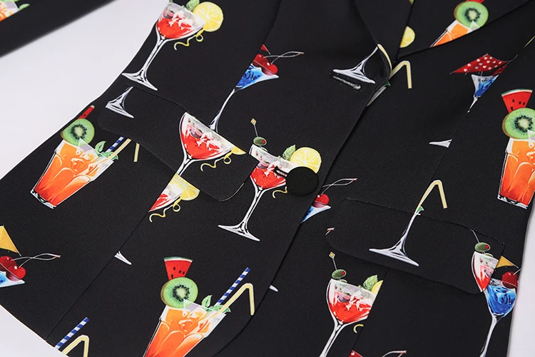 SEQINYY Black Blazer Autumn New Fashion Design Long Sleeve Women Wine Glass Printed Female Jacket