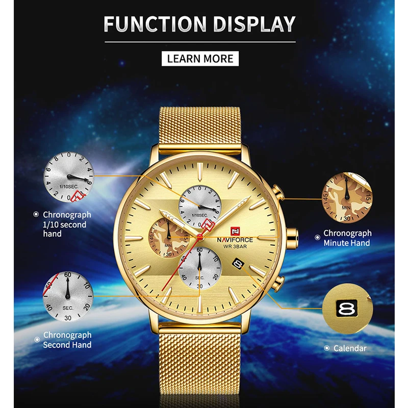 Часы наручные NAVIFORCE Мужские кварцевые с хронографом брендовые Роскошные