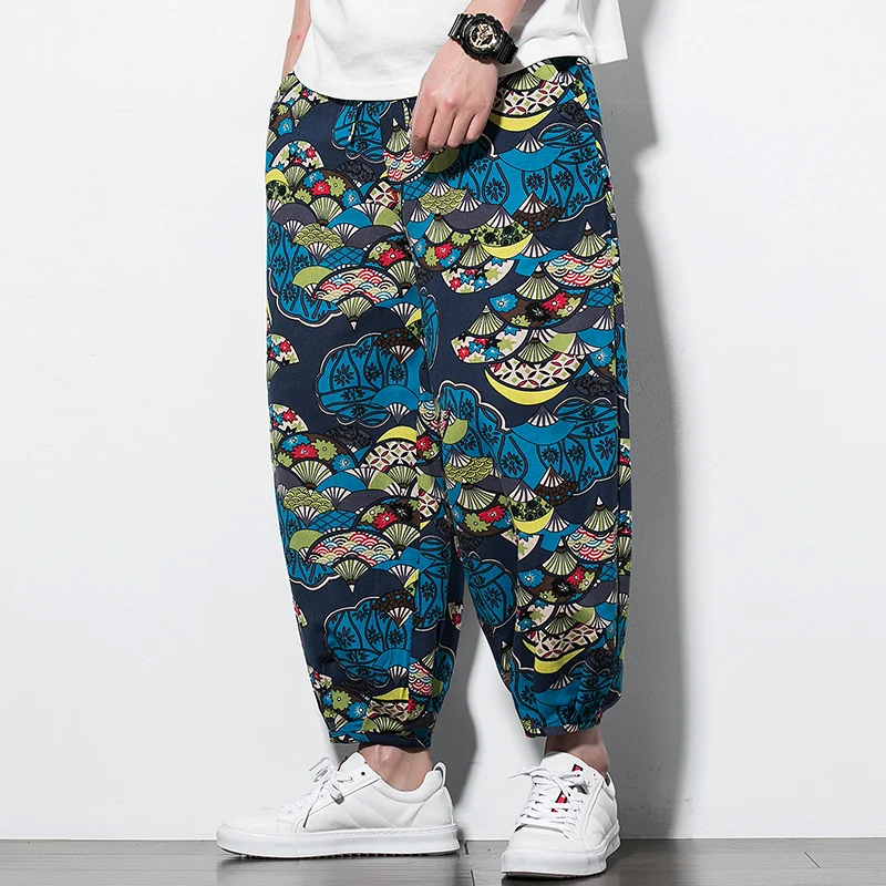 Свободные брюки с принтом в этническом стиле легкие льняные дышащие
