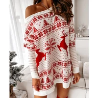2021 women christmas sweater pullover dress autumn winter long sleeve off shoulder kniteed casual oversized jumper cashmere