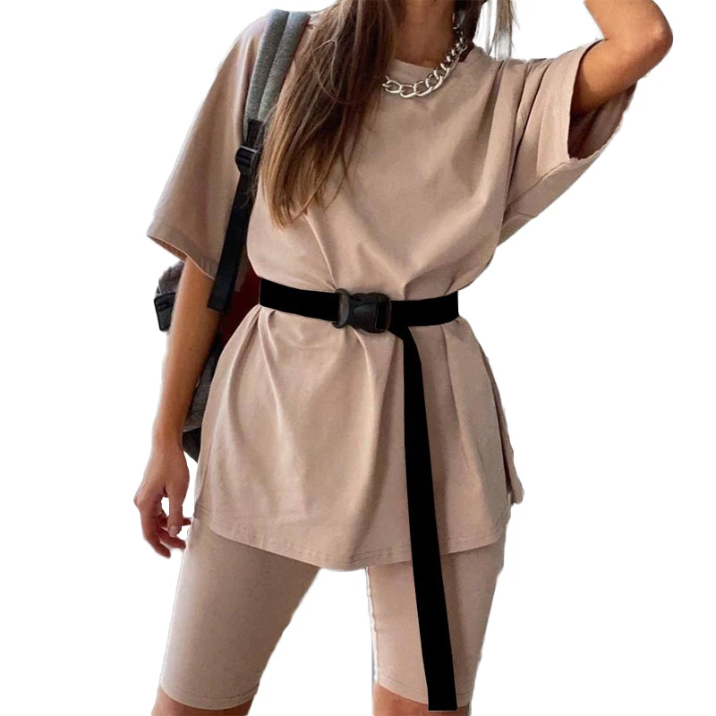 

Summer Women's Suits Round Neck Short Sleeve Elastic High Waist Shorts Two Piece Set Women Ropa De Mujer Ensemble Femme