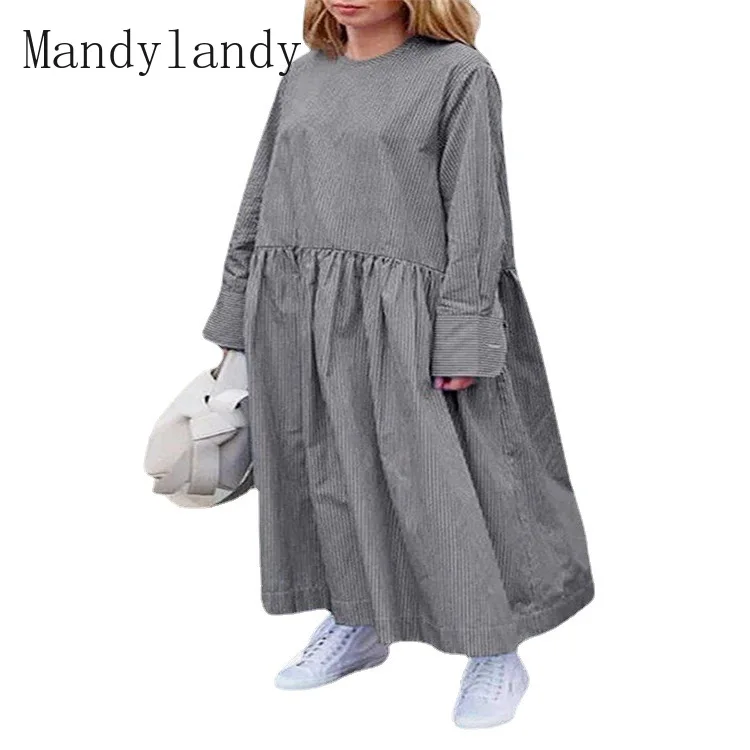 

Mandylandy Spring and Autumn Fashion Loose Pleated Dress Women's Casual Long Sleeve Striped O-Neck Stitching Dress