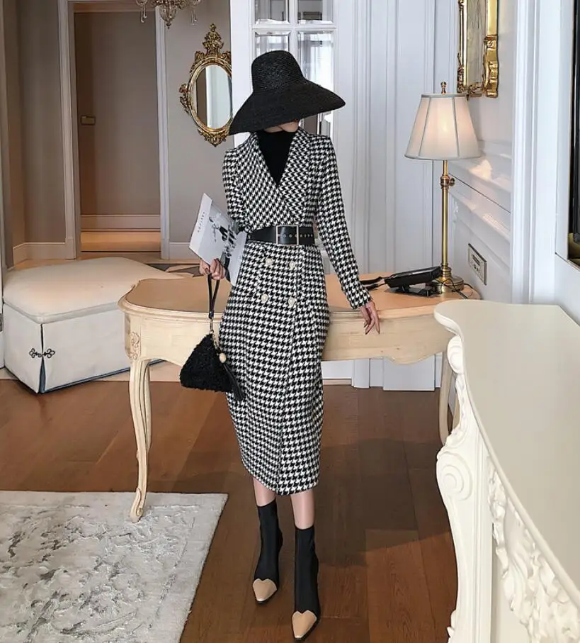 

Autumn Winter Houndstooth Tweed Woolen Jackets and Coats Women Fashion New OL Long Plaid Wool Overcoat Outerwear s779