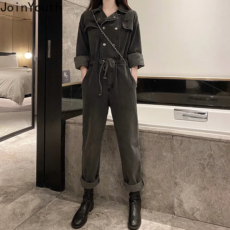 Joinyouth винтажные двубортные джинсы женские Комбинезоны на шнурках с высокой