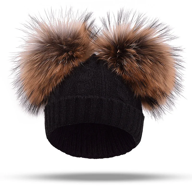 

Women Pompon Hats Winter Knitted hat Girl Warm Nature Fur Pom Hat Scarf Thick Wool Beanies Hats Caps Kids Baby Solid Bones