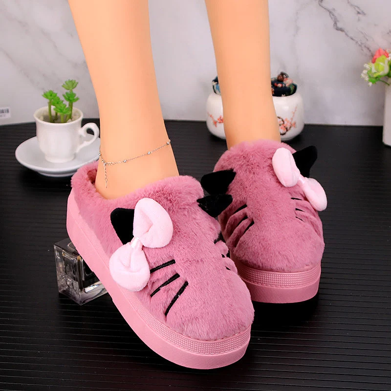 Искусственный мех Для женщин шлёпанцы для с рисунком кота из мультфильма зимняя