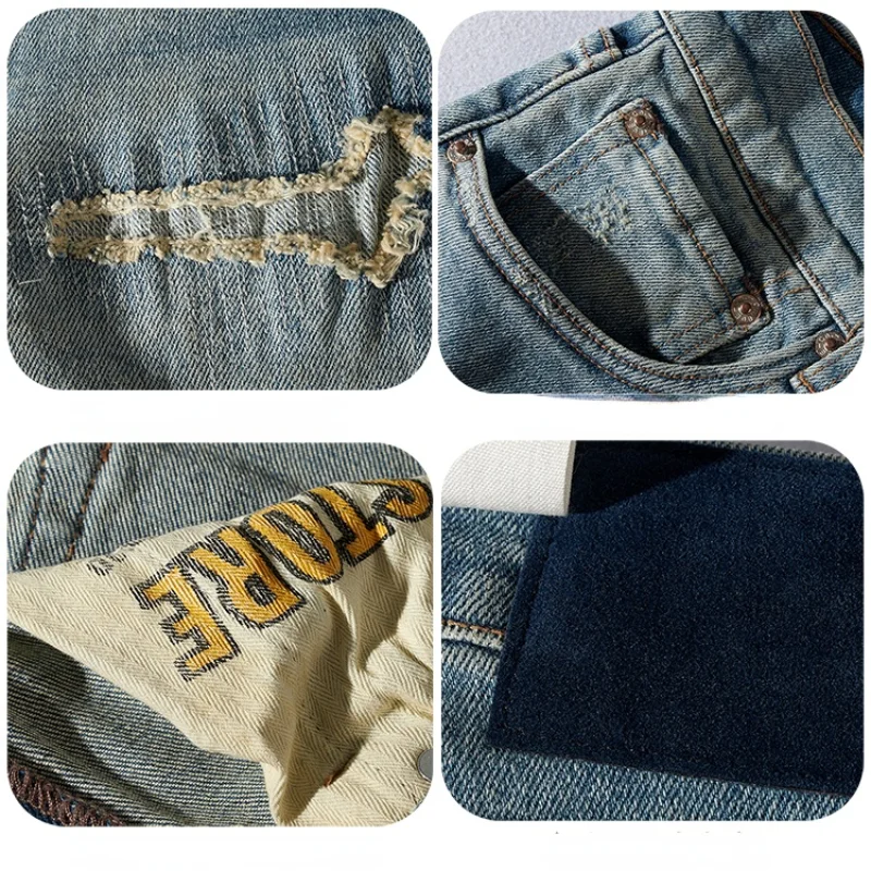 Autumn and Winter Thick Stretch Jeans Men 's Cloth Patch Nostalgic Straight -Leg Denim Trousers