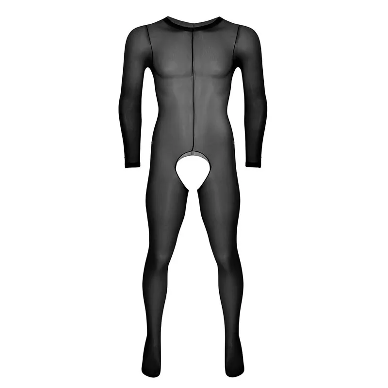 Mens Sexy Lingerie See Through Sheer Long Sleeves Round Neck Crotchless Footed Stretchy Body Pantyhose Tights Full Body Stocking - Цвет: Black