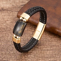 charm natural tiger eye stone bracelet for men geometric shape natural stone black braided leather bracelets gifts bijoux homme
