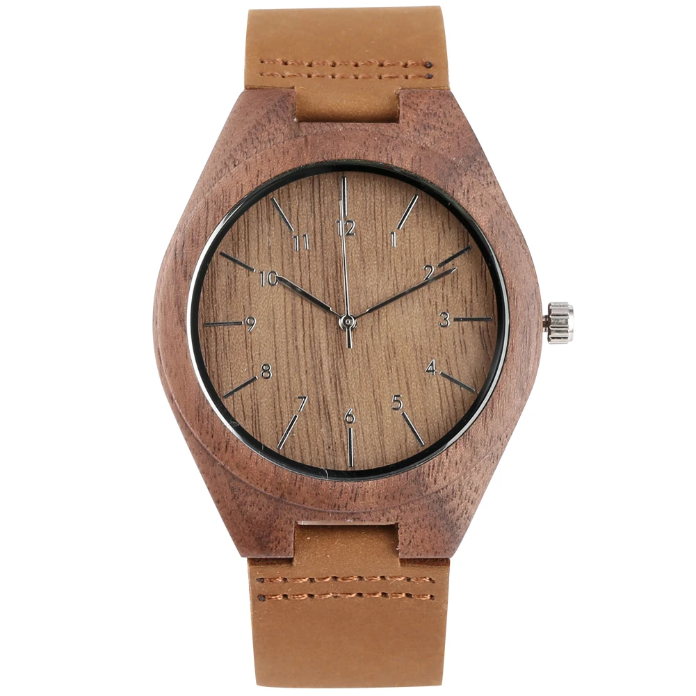 

Quartz Wooden Watch for Men Concise Dial with Arabic Numerals Watches Leather Strap Wooden Wristwatch for Boyfriend