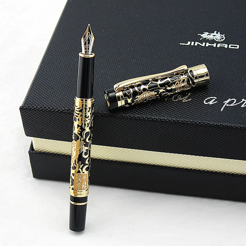 Jinhao-pluma estilográfica con diseño de dragón tallado en oro, pluma de escritura de Iraurita de 0,5mm, papelería, suministros de oficina y escuela
