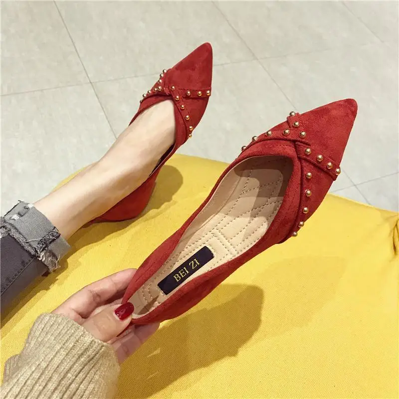 

2pcs Flat Shoes Soft Bottom Gentle Wind Side Scoop Style Spring 's Shoes Versatile Shallow Mouth Pointed Bootie Red lykj-yx