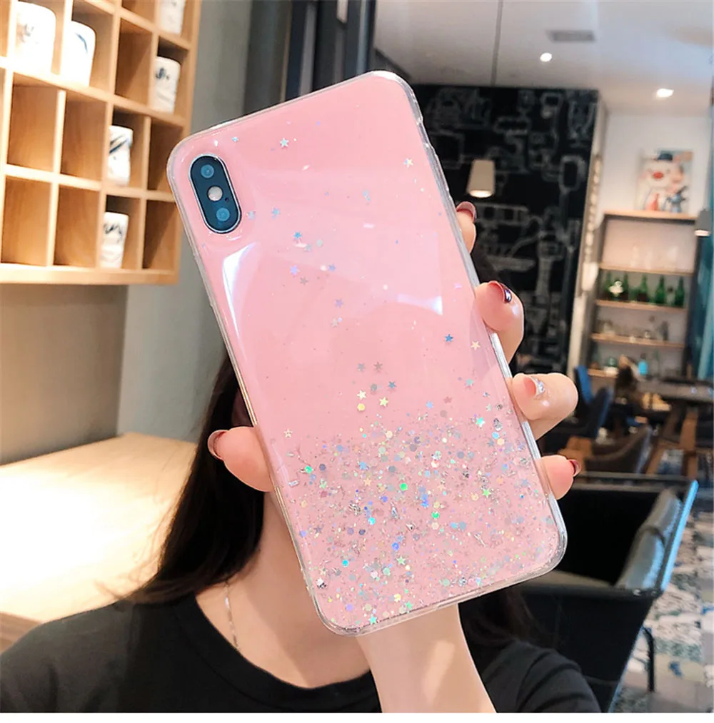 Glitter Bling Star Sequins Case For iPhone 8 7 Plus 7p 6 S 6s Clear Transparent Cases For iphone X XR XS MAX 10 Soft TPU Cover - Цвет: Pink