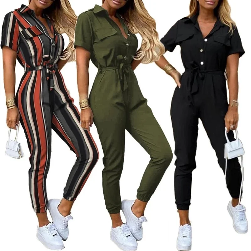 

Fashion jumpsuit office ladies short sleeves V-neck striped printed button belt one-piece jumpsuit ladies боди с длинным рукавом