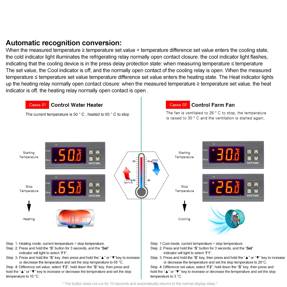 Цифровой регулятор температуры AC100-220V DC12-72V DST1000 термостат нагревание охлаждение