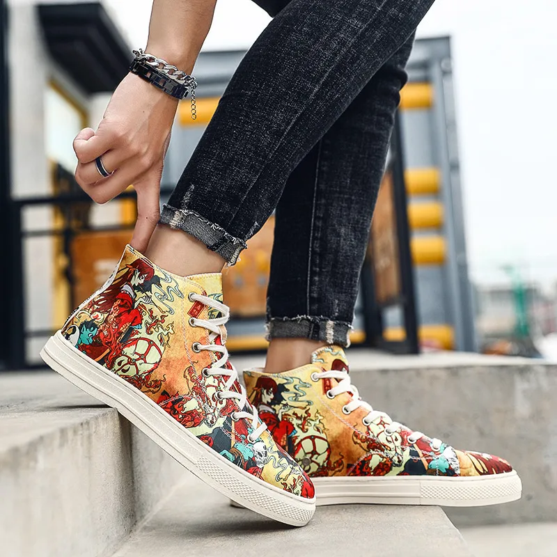 2020 Fashion Cartoon Painting High Skateboard Shoes Men Satin Breathable High top Sneakers Men Sport Shoes zapatillas de deporte