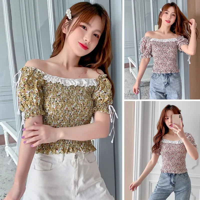 

Женская Летняя короткая рубашка с квадратным вырезом и цветочным рисунком