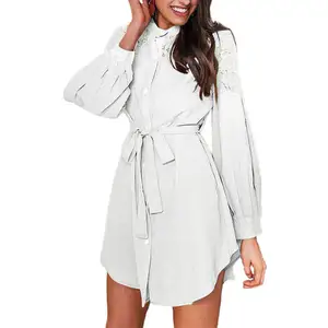 Women Dress Autumn Winter Puff Sleeve Buttons Lace Patchwork Belt Shirt A-line Dress Black S—3XL Women's Clothing женское платье 10 item image
