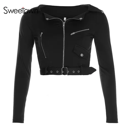 black Sweetown черная короткая куртка в стиле панк, готика, осенняя уличная одежда на молнии, отложной воротник, мото& байкерские женские куртки и пальто - Цвет: black