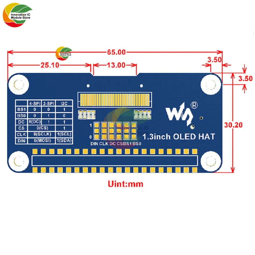 1 3-дюймовый OLED-дисплей HAT SH1106 128x64 ЖК-панель расширения Интерфейс 4-Wire / 3-Wire I2C