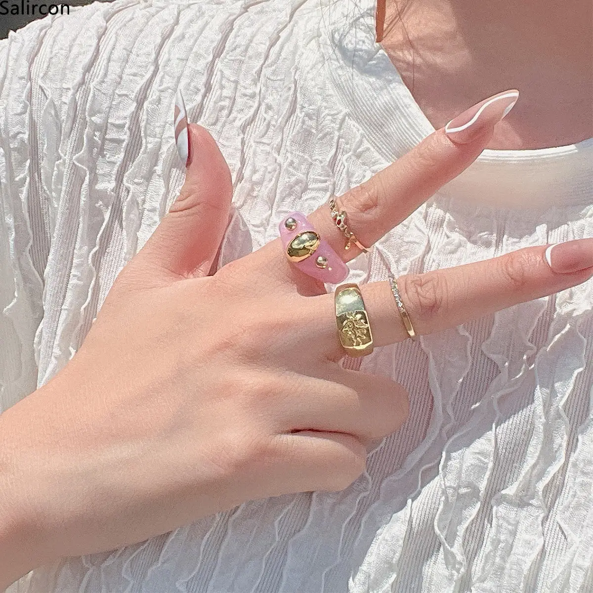 

Cute Girls Pink Crystal Acrylic Rings Jewelry Stacked Fine Open Knuckle Ring 2021 Fashion Party Wedding Best Girlfriend Gift