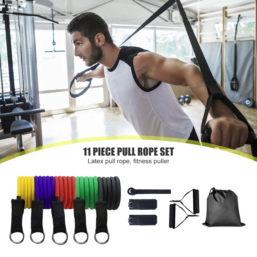 

11pcs 100 Pound TPE Pull Rope Exercise Resistance Bands Yoga Fitness Equipment Trainers Force Core Training Tool