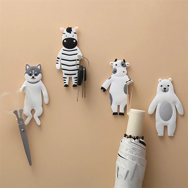

Wall Mounted Punch Free Key Hook Refrigerator Stick Flexible Soft Rubber Door Back Stick Hook Creative Cartoon Animal Hook