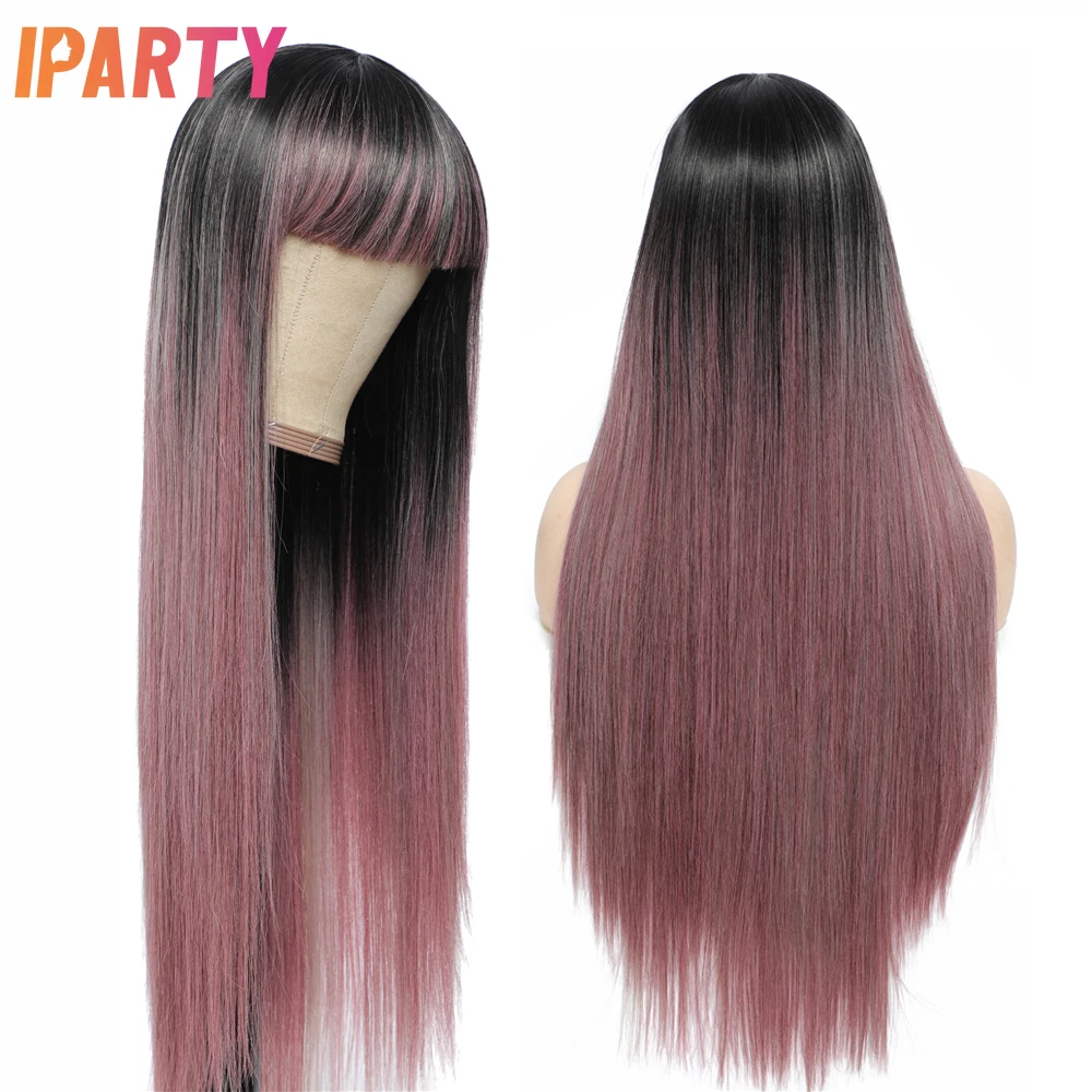 

Pink Synthetic Wig With Bangs Long Straight Mixed Colored Wigs For Women High Temperature Fiber Hair Party Cosplay Wig IPARTY