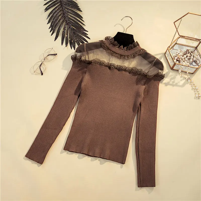 Woherb перспективный газовый кружевной свитер женские эластичные водолазки