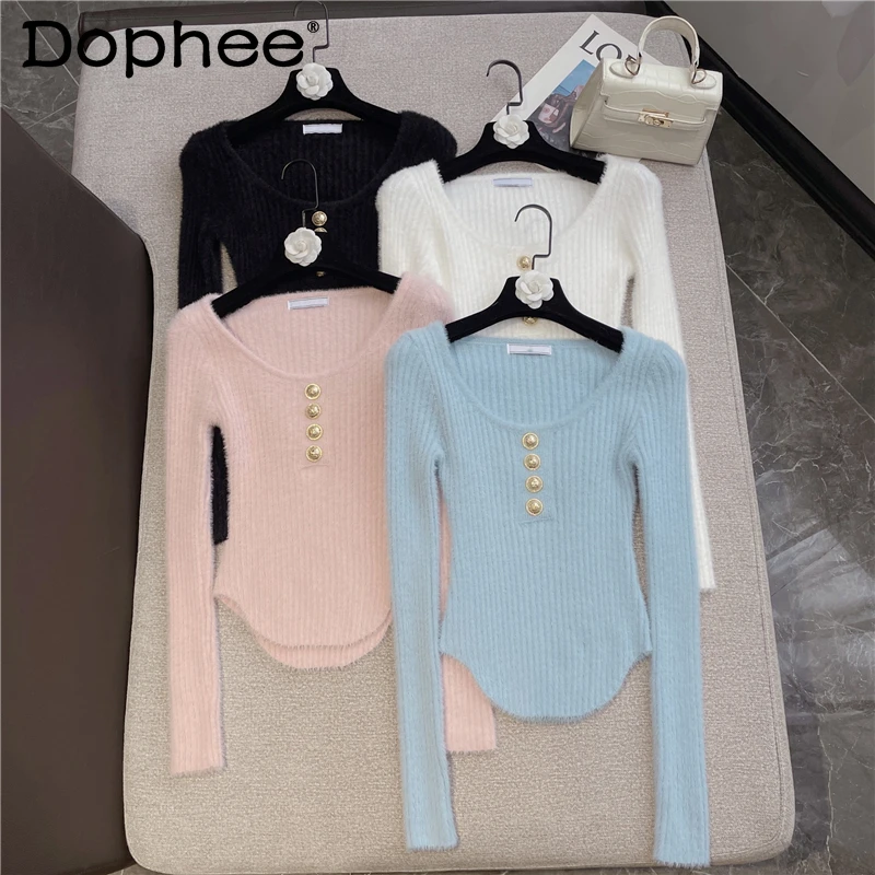 

Женский вязаный свитер из искусственной норки, однотонный облегающий пуловер с V-образным вырезом и длинным рукавом, с пряжкой из латуни, Ос...