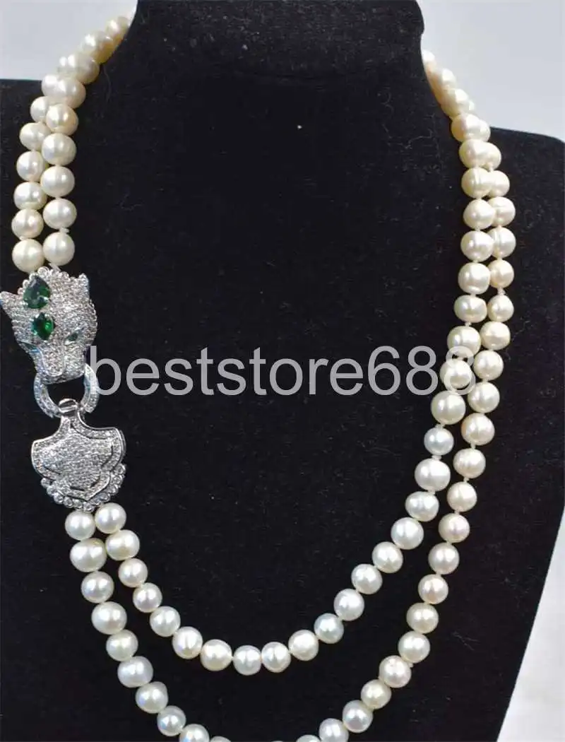 2 ряда пресноводный жемчуг белый + зеленый leoparc Застежка 8-9 мм necklace17-19inch