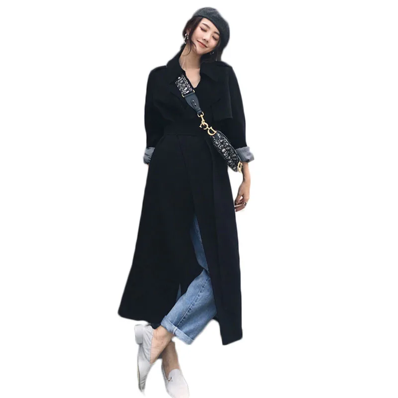 

WSYORE Women Casual Slim Trench Coat Spring and Autumn Black Long Windbreaker Jacket Female Plus Size OL Jacket NS2773