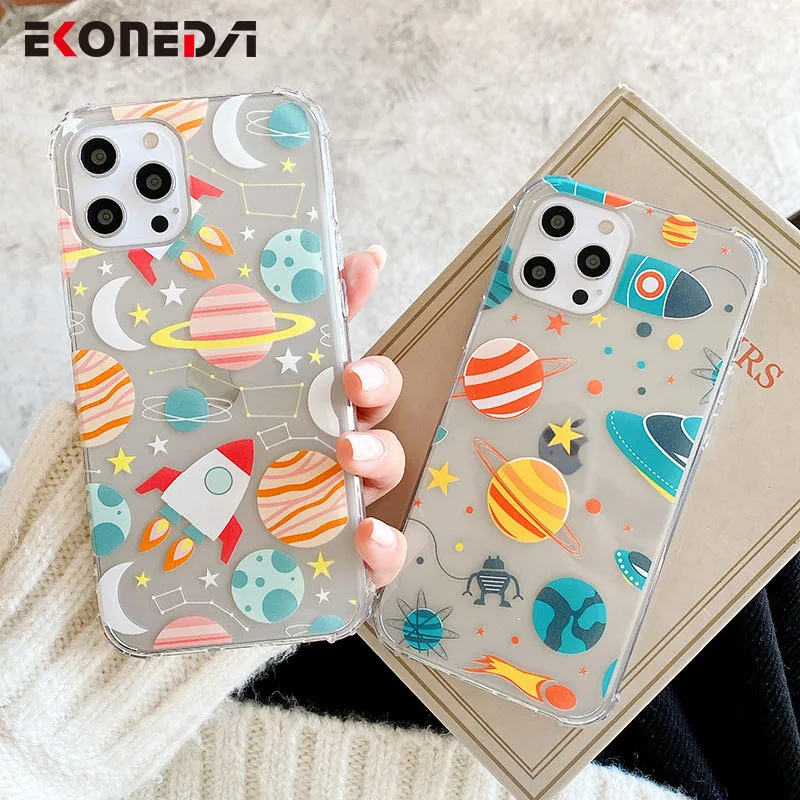

EKONEDA Protective Phone Case For iPhone 12 11 Pro XS Max X XR 7 8 Plus Silicone Case Planet Star Space Clear TPU Back Cover