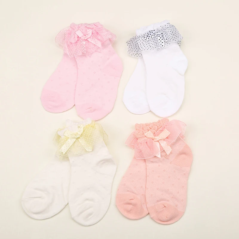 Calcetines de algod&oacute;n finos para beb&eacute; de 1 a 3 a&ntilde;os, medias de malla de encaje con nudo de lazo, w057-4