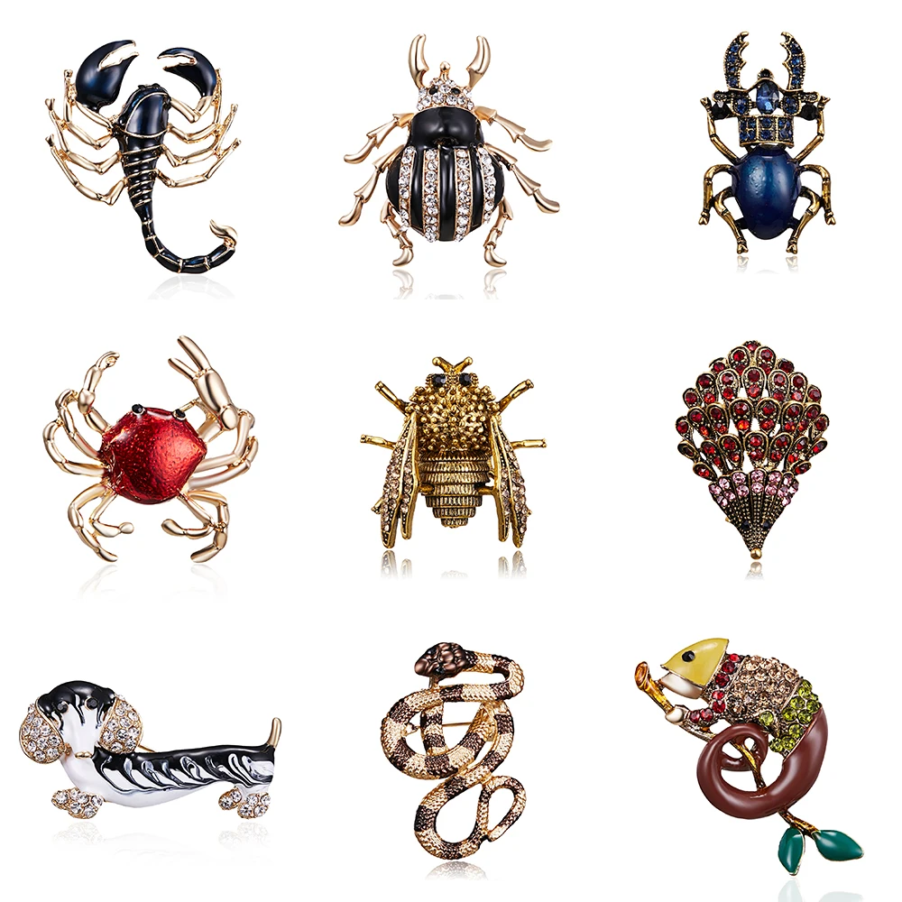 

Vintage Alloy Enamel Snake Scorpion Lizard Beetle Brooches For Women Men's Creative Bugs Pins Fashion Crystal Insect Badges Gift