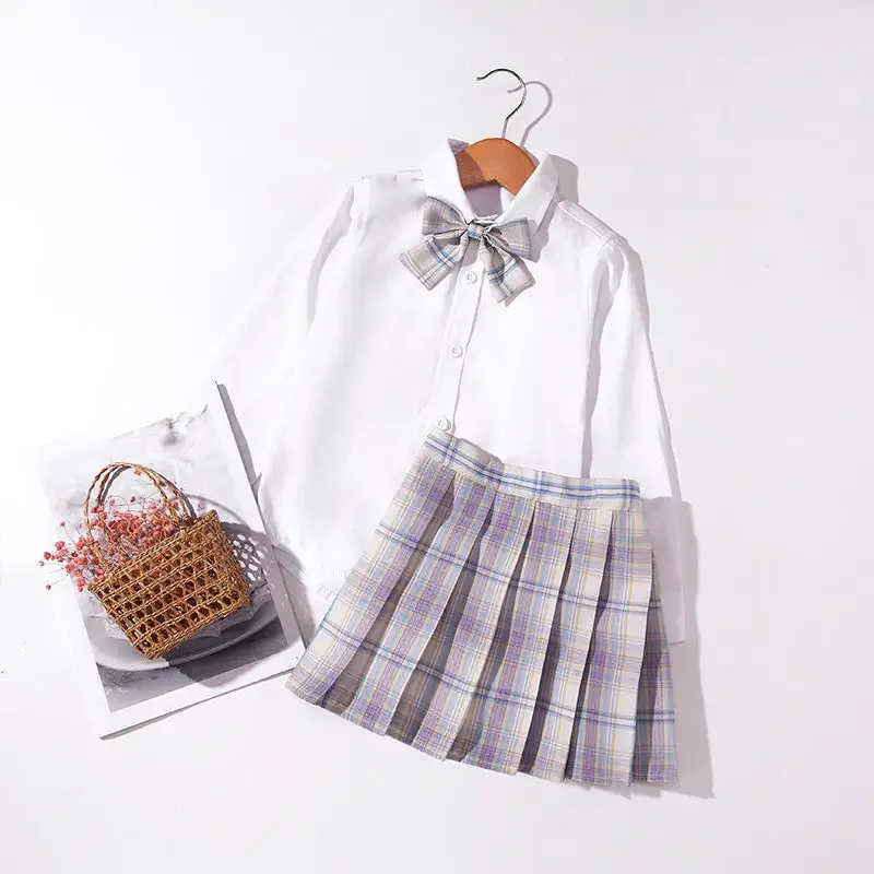 Conjunto de ropa Formal JK de algod&oacute;n para ni&ntilde;a, camisa blanca + Falda plisada a cuadros + pajarita, 3 piezas, traje escolar para ni&ntilde;o de 3 a 14 a&ntilde;os-2