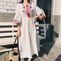 2020 tether large size loose beach holiday ethnic embroidered flower three quarter sleeve long dress