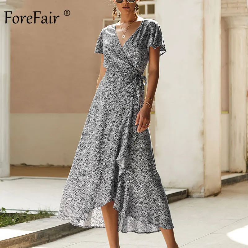 

Forefair Summer Wrap Dress Beach Floral Print Bohemian Chiffon A Line Vintage Polka Dot Waist Tied Maxi Casual Dress Women