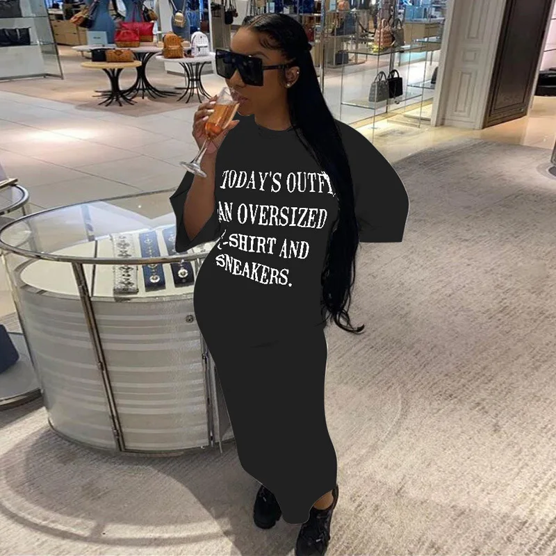 

Letter Print Streetwear T Shirt Long Dress Woman Round Neck Half Sleeve Loose Party Dresses Summer Comfortable Straight Vestidos