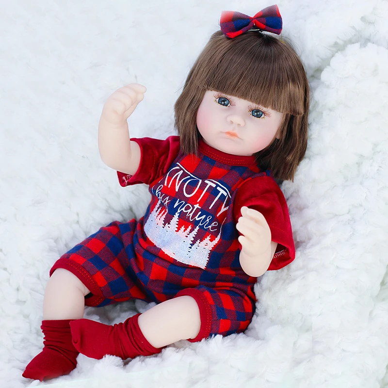 

42CM Stuffed Body Reborn Baby Dolls Toys For Girls Fashion Plaid Style Clothes Short Straight Hair Soft Dolls Bebe Cute Gifts