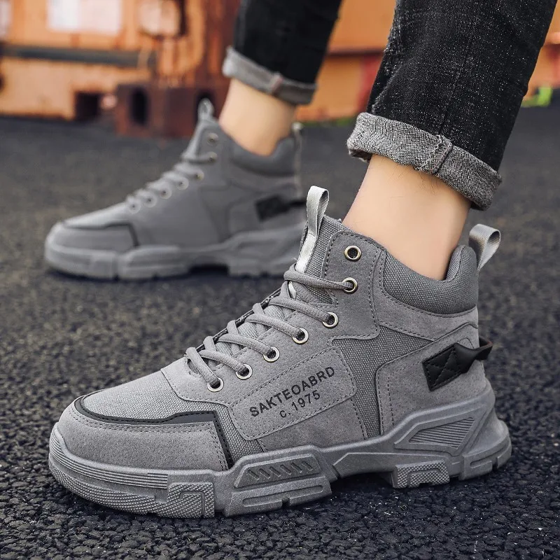 

New Trend Male Pu Leather Shoes Black Khaki Young Boy Casual Footwear High Top Walking Shoes For Mens Fashion Casual Men Sneaker