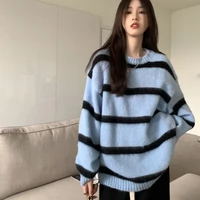 vintage blue kawaii striped knitted sweater womens o neck retro japanese cute jacket warm pullover gothic aesthetic streewear