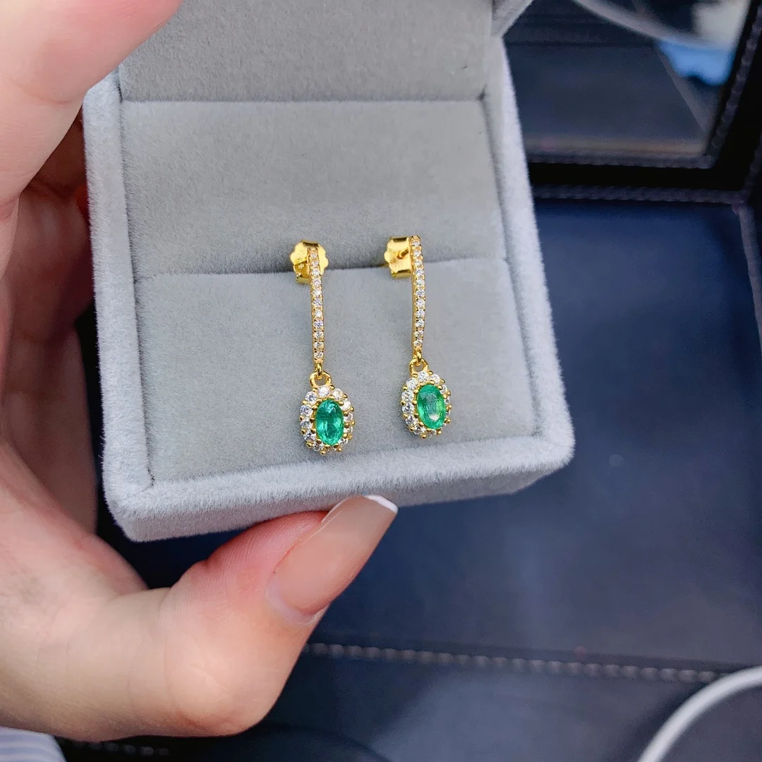 

SHILOVEM 925 sterling silver real Natural Emerald stud earrings classic fine Jewelry women wedding gift 3*5mm jce03056614agml