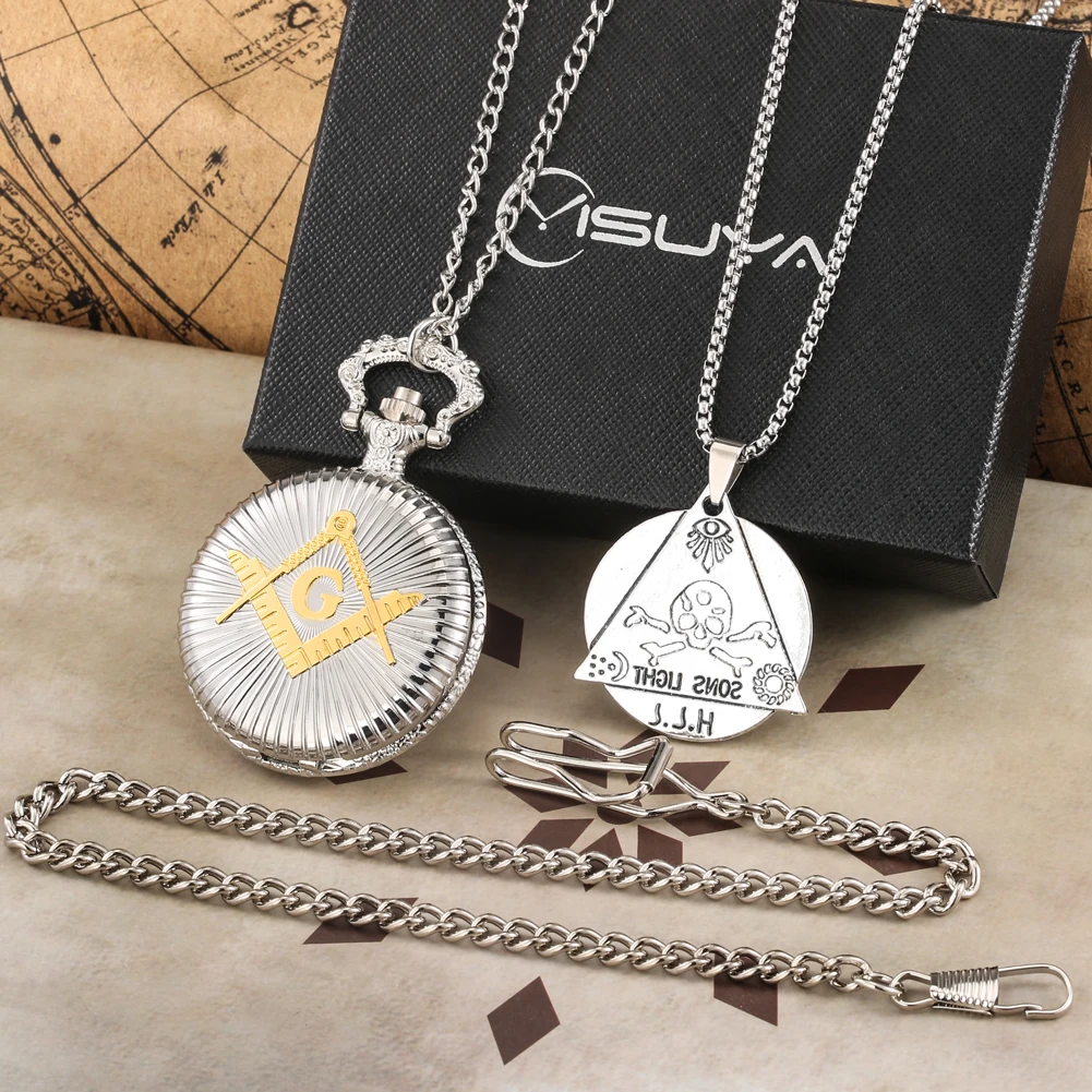 Masonic Pocket Watch Gift Set Man's Quartz Pendant Pocket Clock Fashion Necklace Exquisite Gifts with Box for Husband Father