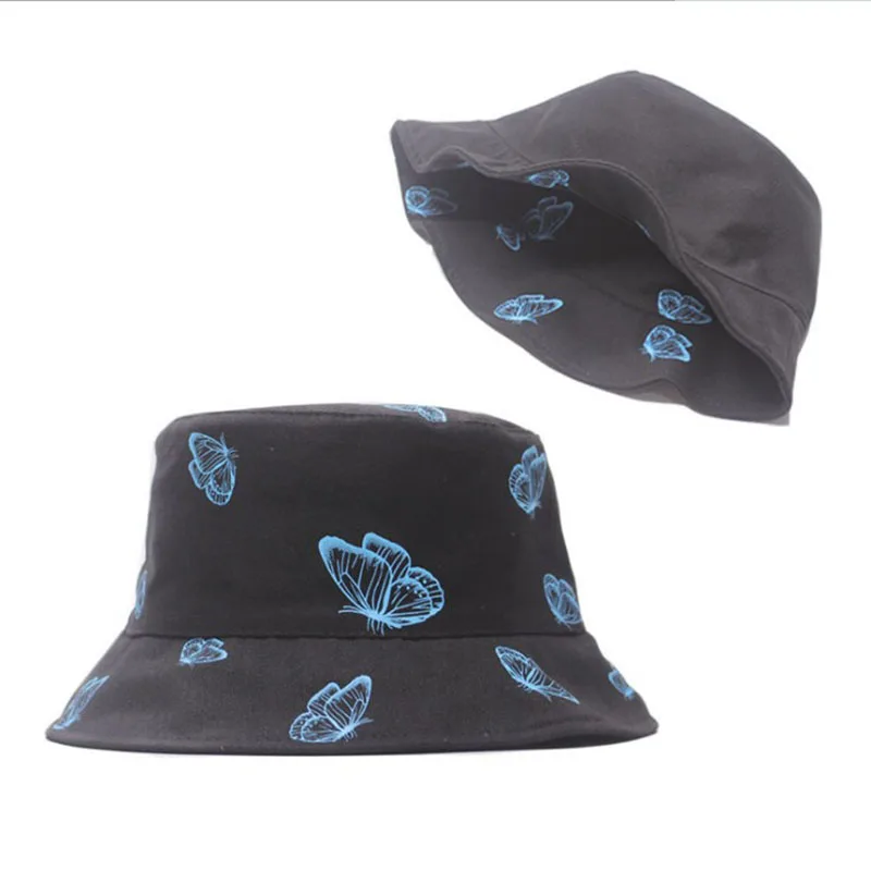 Панама женская двусторонняя с принтом бабочек милый шлем от солнца в японском
