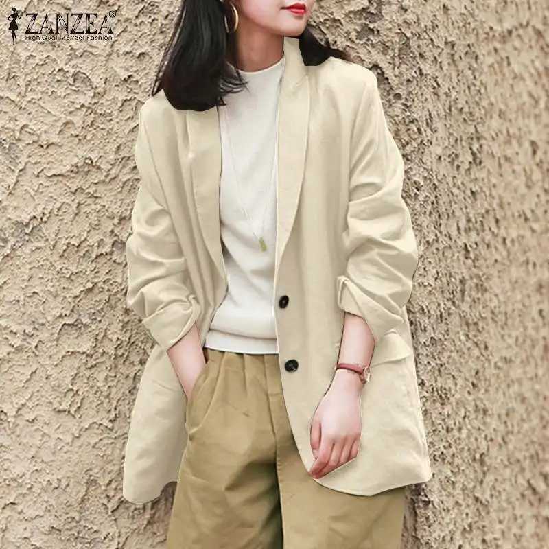 

Oversized ZANZEA Vintage Women's Blazers 2021 Spring Autumn Cotton Linen Outwear Casual Solid Lapel Long Sleeve Button Up Coats