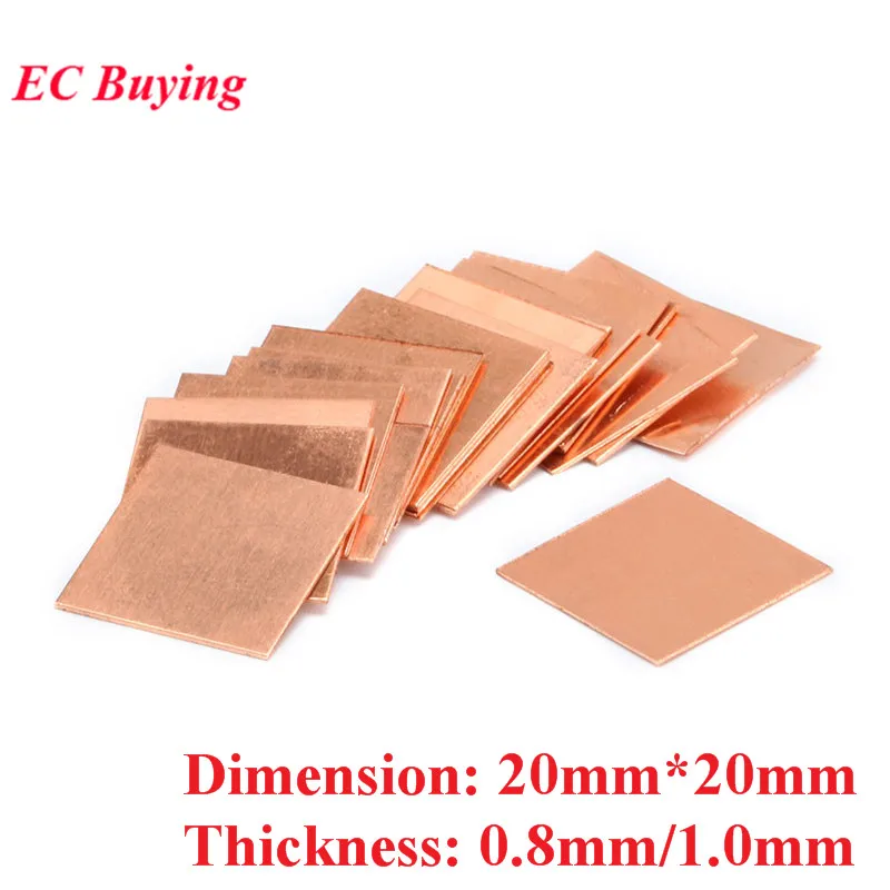 10 шт., толщина 20 мм * 20 мм, 0,8 мм, 1,0 мм, 20 мм x 20 мм, теплоотвод, медные прокладки, теплоотвод для ноутбуков GPU VAG PAD